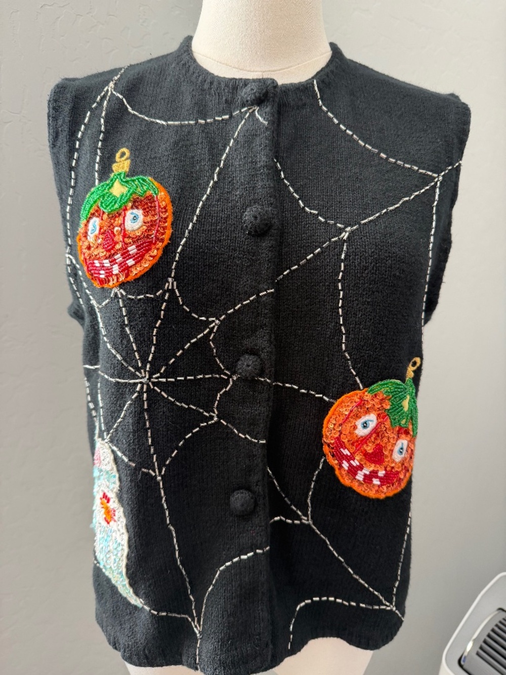 Vintage Christopher Radko BellePointe Halloween Spiderweb Beaded Vest M 90s